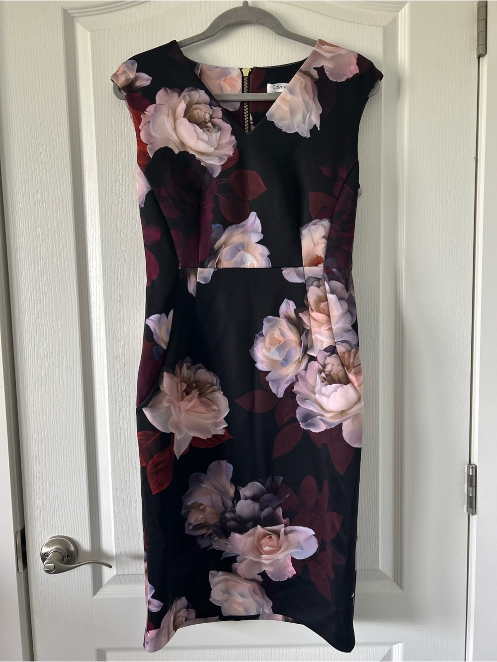 Calvin Klein Black Midi Dress with Pink Rose Floral Print